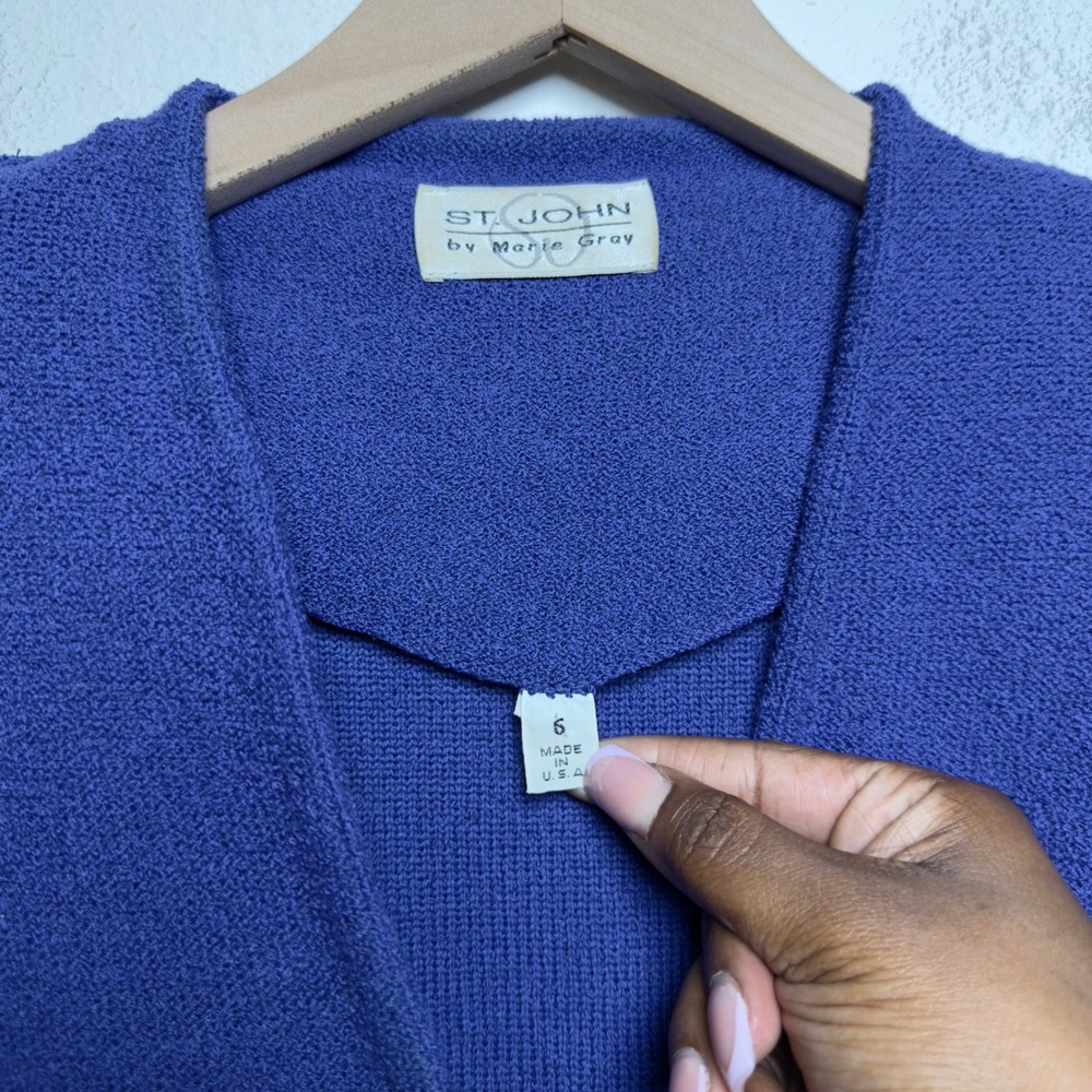 St. John Women Blazer 6 Blue Knit Gold Button V-Neck Long Sleeve Jacket Gold - Picture 3 of 8